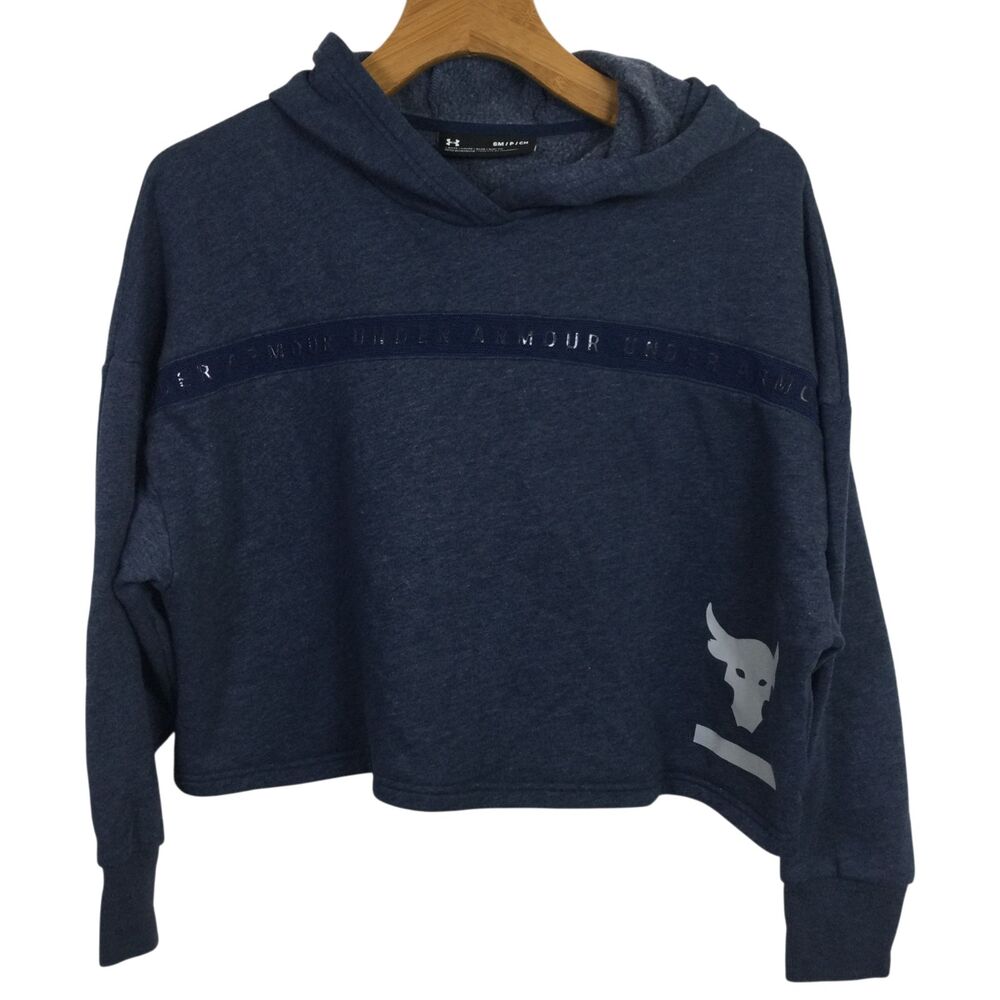 Under Armour Womens Project Rock Taped Fleece Cropped Hoodie Blue Size Small